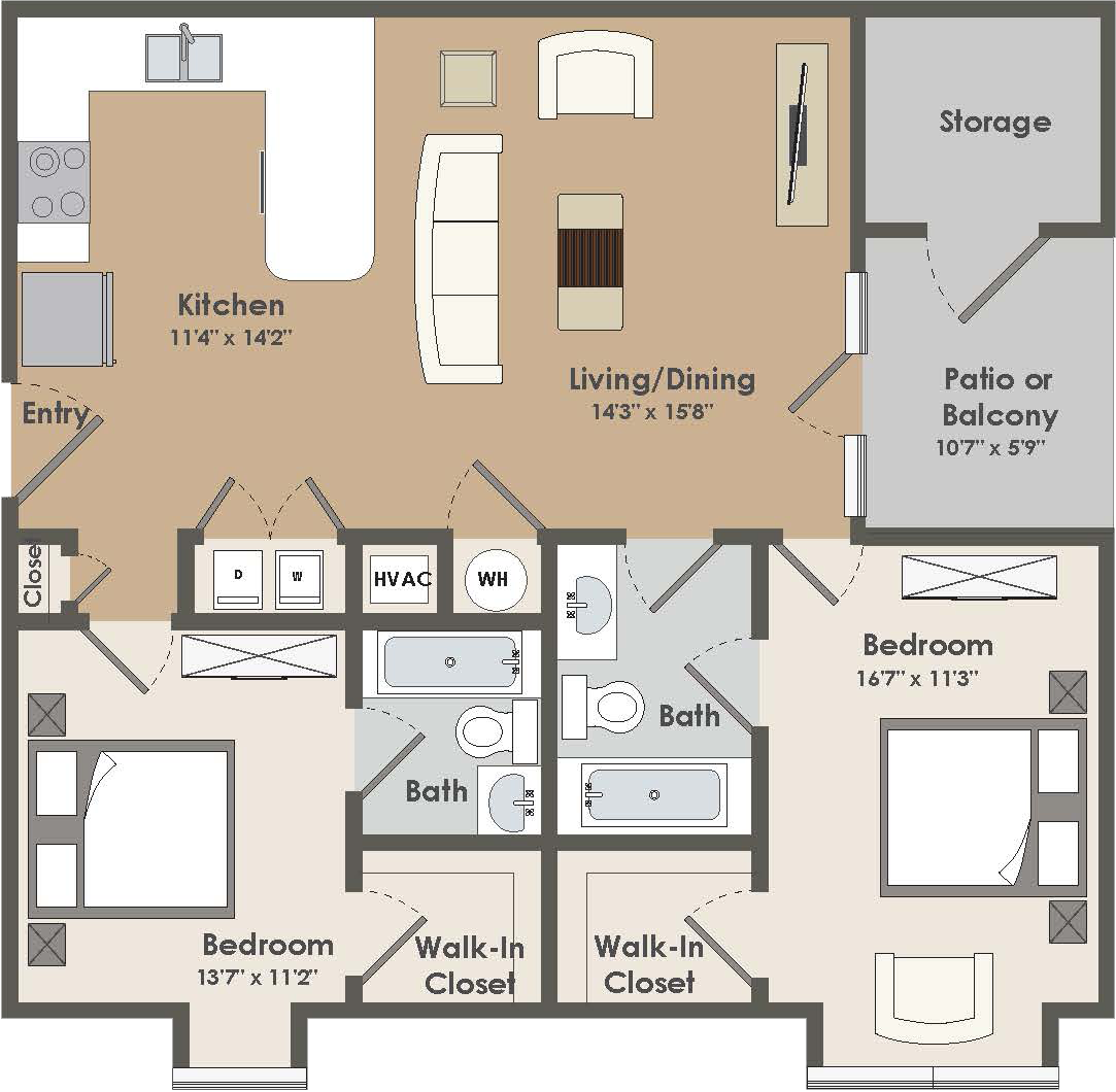 Floor plan for 2 beds, 2 baths, 1000 sqft
